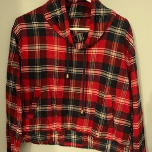 Cropped cowl neck flannel sweatshirt